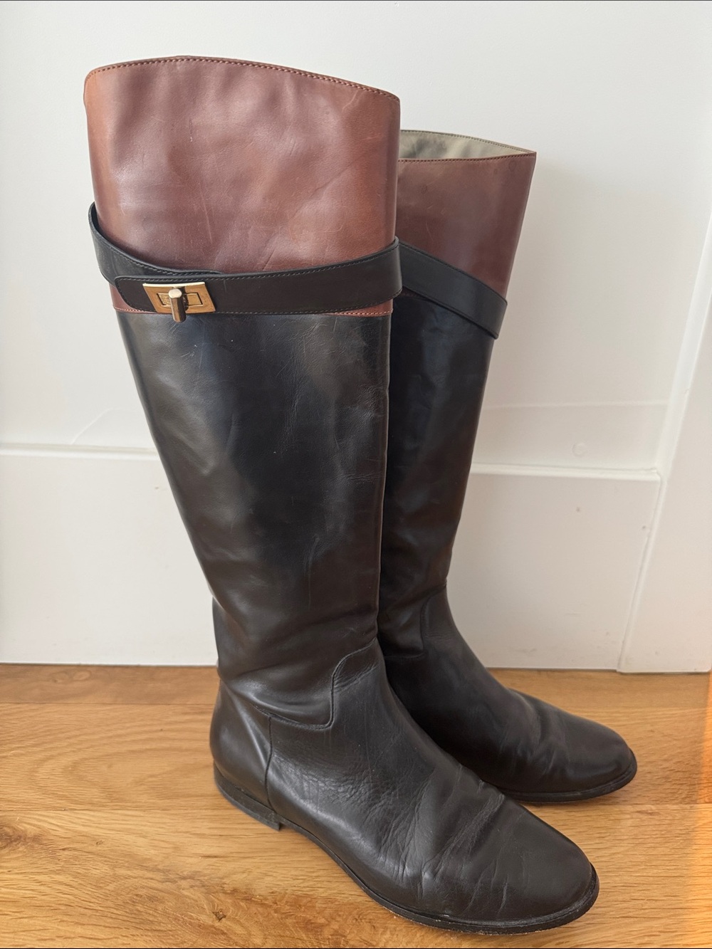 Cole Haan Classic Black and Brown Knee High Leather Riding Boots